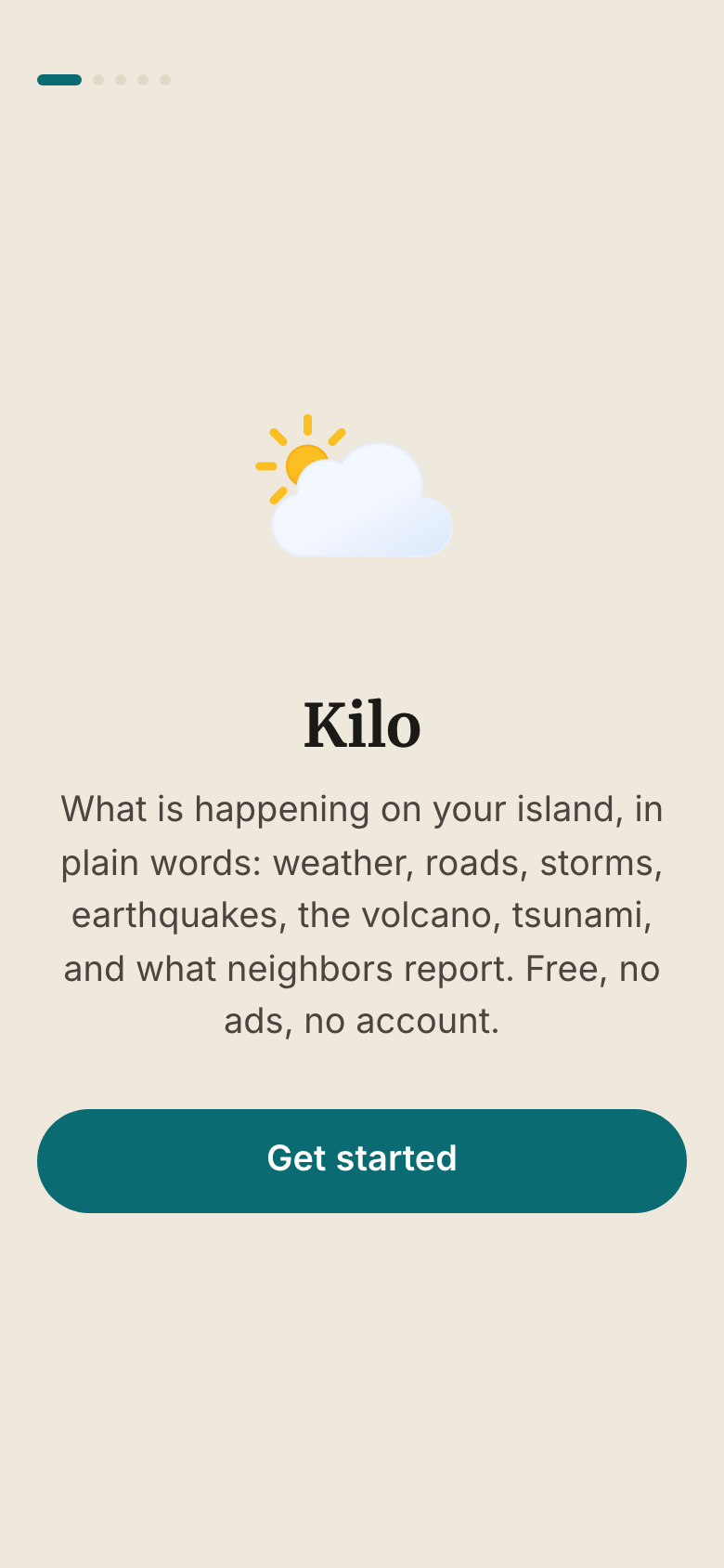 The first screen of the app