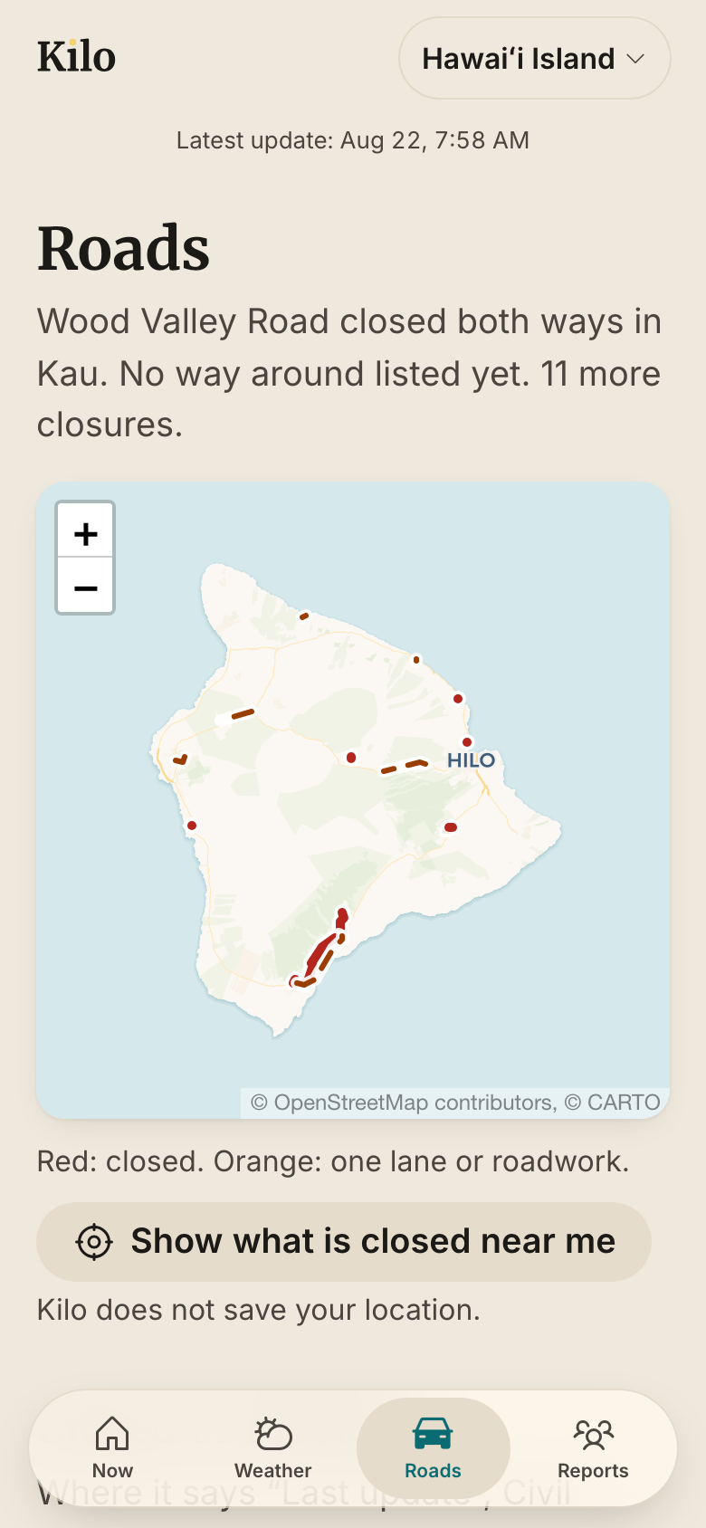 The Roads page: a street map with every closure drawn on it